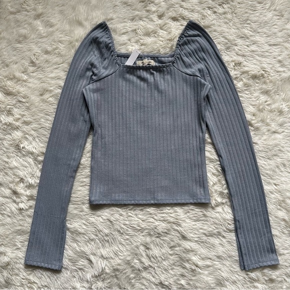 Madewell Top Ribbed Square-Neck Long-Sleeve Tee Craft Blue XS NWT New - Picture 4 of 12